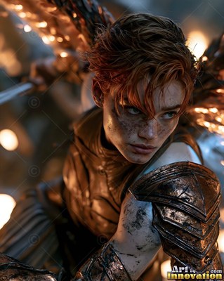A woman with short red hair in bronze armor crouches with sparking wings