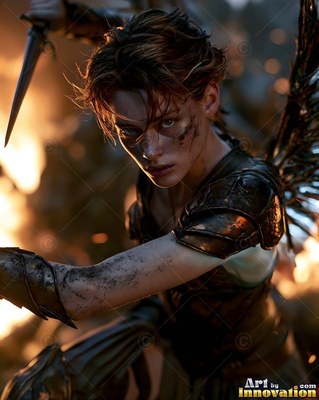 On a smoky battlefield, a woman sporting wings in dark armor holds a dagger