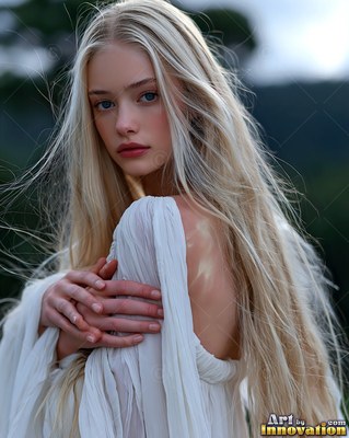 Cl asping her chest, a blonde woman wearing a light white dress stands outside in soft light