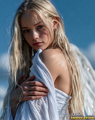 Long blonde hair falls over the shoulder of a woman with wings beneath a blue sky