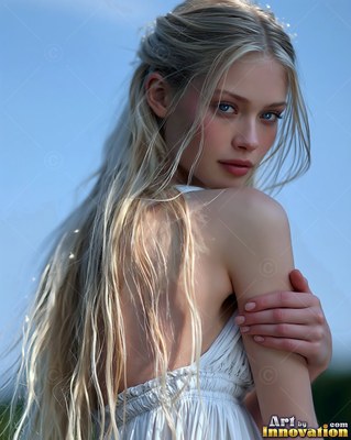 A blonde woman looks over her bare shoulder under a clear pale blue sky