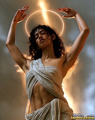 Under warm golden light, a woman raises her hands beneath a thin halo ring