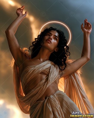 Lifting both hands, a dark-haired woman in tan cloth stands beneath a bright ring halo