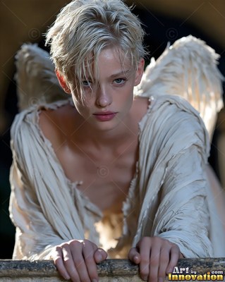 A short-haired blonde woman with white wings leans forward