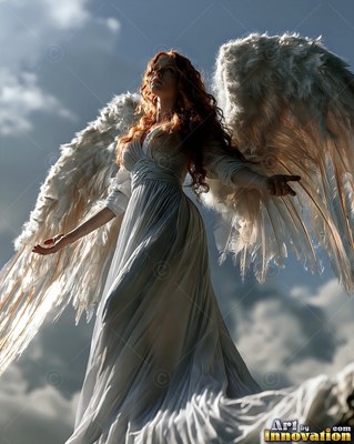 A red-haired woman in white gown spreads large feathered wings against the cloudy sky