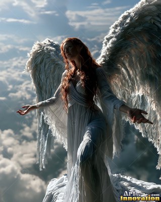 Above the clouds, a red-haired woman in a white dress spreads her feathered wings
