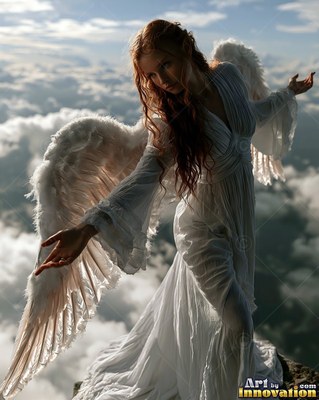 Spreading feathered wings high above the clouds, a redhead woman wears a flowing plain white dress