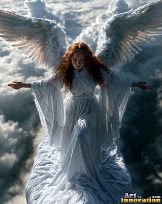 Woman with white wings and red hair flying in clouds