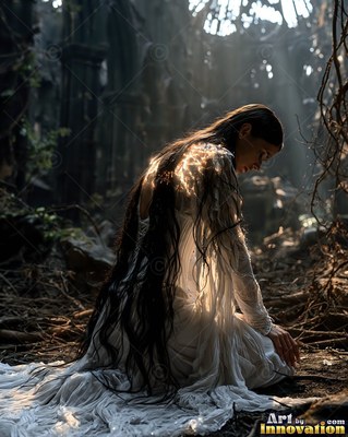 Long dark hair falls down a kneeling woman dressed in a dress in white inside dark ruins