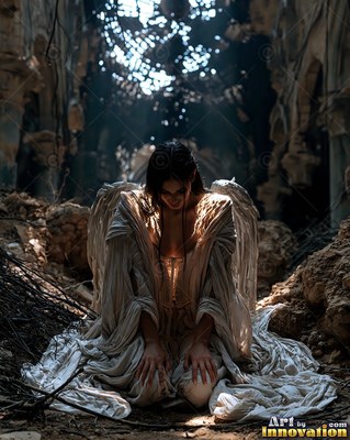 A woman sporting wings kneels in dark ruins as bright sunlight falls across her white dress