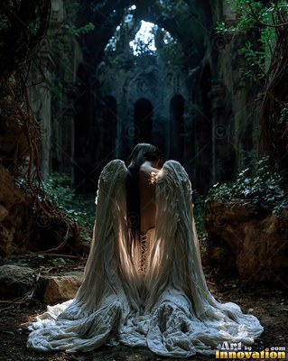 Seen from behind, a woman sporting wings kneels in dark stone ruins with ivy