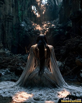 A woman with dark hair kneels in a white gown inside dark stone ruins
