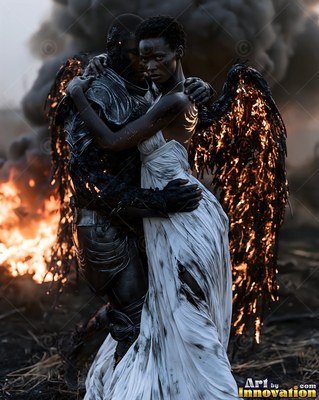 On a smoky battlefield, a woman with wings in a dress in white holds an armored soldier