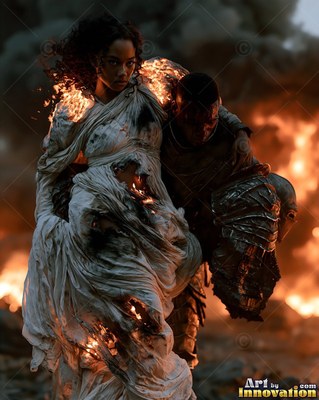 Walking through flames, a woman in a burning dress in white carries a soldier in armor