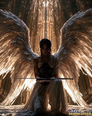 Woman sporting wings kneeling with white wings holding a sword across her hands