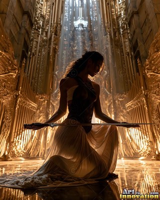 In a pleated white skirt inside a golden cathedral, a woman kneels and holds a long sword