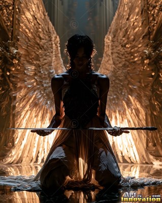 A winged woman kneels holding a sword flat across her hands before bright gold light