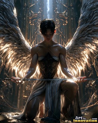 Kneeling in a dark stone hall, a woman sporting wings holds a bright sword across her knees
