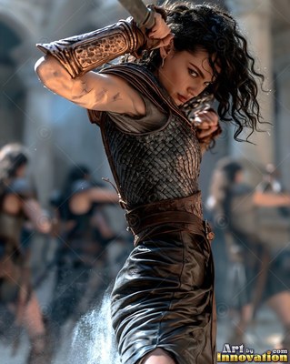In a stone courtyard, a dark-haired woman in leather armor raises a sword