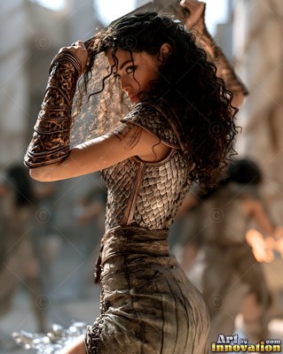 Holding a raised sword, a dark-haired woman stands in scale armor on a dusty street