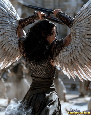 Winged woman in armor raises a sword above her head