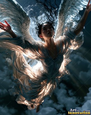 A woman in a flowing white dress spreads feathered wings high above dark clouds
