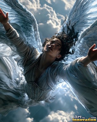 A woman sporting wings falls backward through the sky, her pale blue robes caught in sunlight