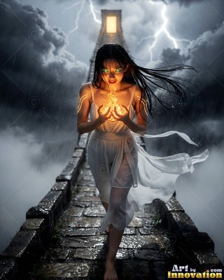 Walking forward on a wet stone bridge, a woman holds fire in the rain