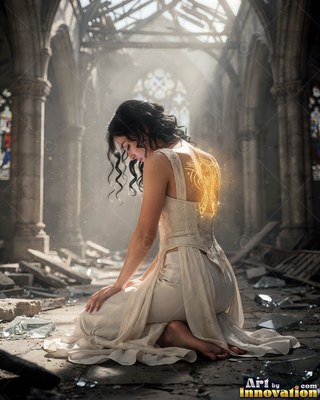 A woman dressed in a white gown kneels in a ruined church with gold light on her back