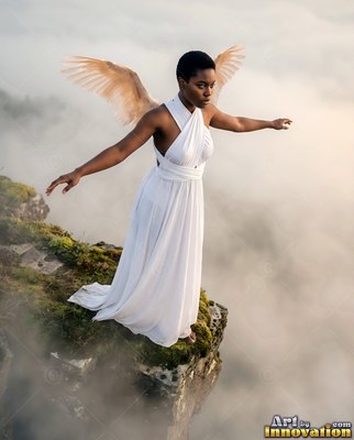 On a cliff above the clouds, a winged Black woman in light white dress balances on the edge