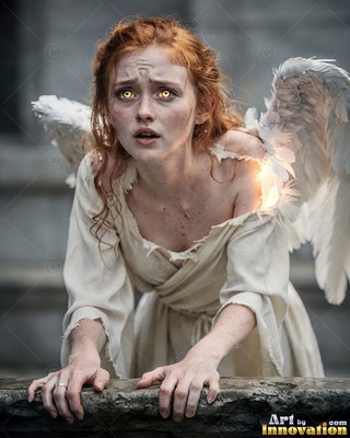 Leaning on stone, a red-haired woman with small feathered wings looks up in shock