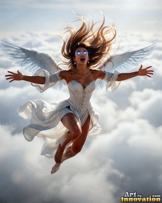 Wearing a laced white corset, a woman with wings with outstretched arms flies high above the clouds