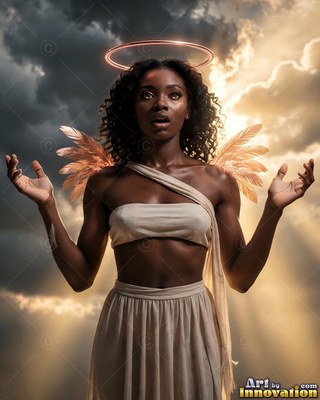 A young Black woman raises open hands as small feathery wings sprout beneath warm sunlight