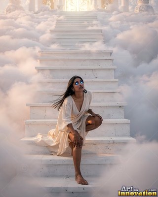 Kneeling on marble steps in white clouds, a woman looks up with blue eyes