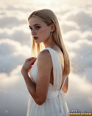 A blonde woman dressed in a plain white dress looks back over her shoulder above soft clouds