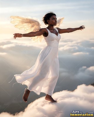 Above soft clouds, a winged Black woman in a dress in white floats barefoot with arms out