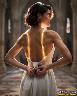 Tying her white dress, a woman shows two bright yellow lines on her bare back