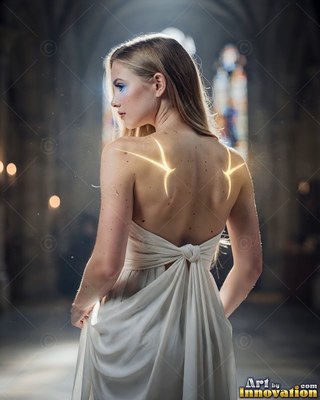A woman in a white gown with golden wing marks on her bare back