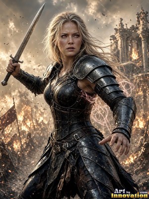 Dark steel armor covers a blonde woman holding a sword on a burning battlefield