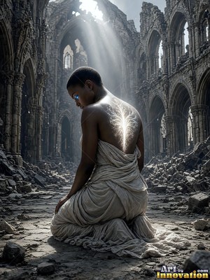 A kneeling woman in stone ruins grows bright white light along her spine under pale sunbeams