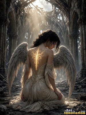 Kneeling in a ruined stone hall, a woman with wings turns her back to bright light