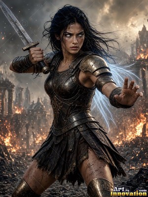 A fierce woman in bronze armor raises a sword in front of a burning city
