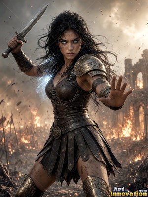 On a burning battlefield, a dark-haired woman in armor holds a raised sword