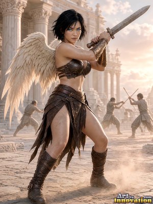 Holding a raised sword, a winged woman in brown leather armor stands in a dusty courtyard