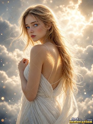 A blonde woman in a dress in white shows shining feather marks on her bare back in sunny clouds
