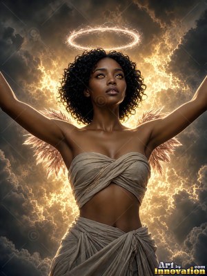 A Black woman raises her arms as a halo forms over her head in gold clouds