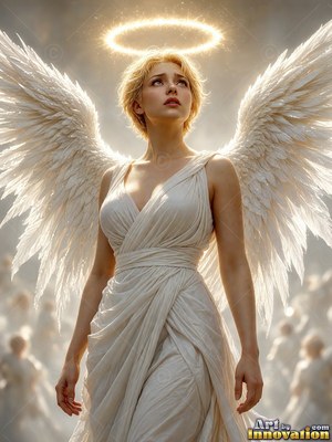 In bright sky, a woman with wings in a white dress looks up with a halo over her head