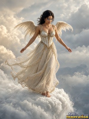 A woman with wings in a flowing cream dress steps over clouds