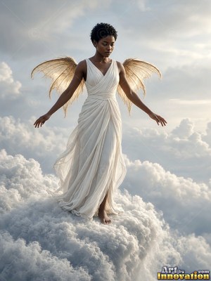 A woman in a flowing dress in white stands high on soft clouds with golden wings spread