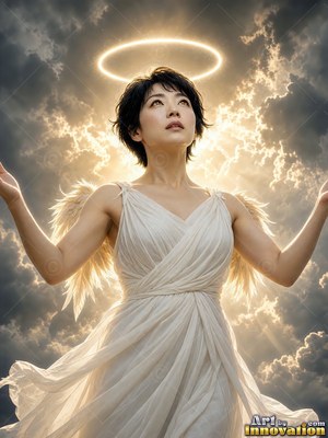 A woman with wings in white raises her hands under a bright ring of golden light
